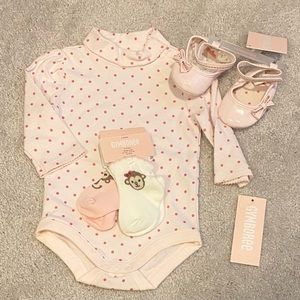 4 piece lot Gymboree Mischievous Monkey 0-3 months shirt socks Mary Jane shoes 1